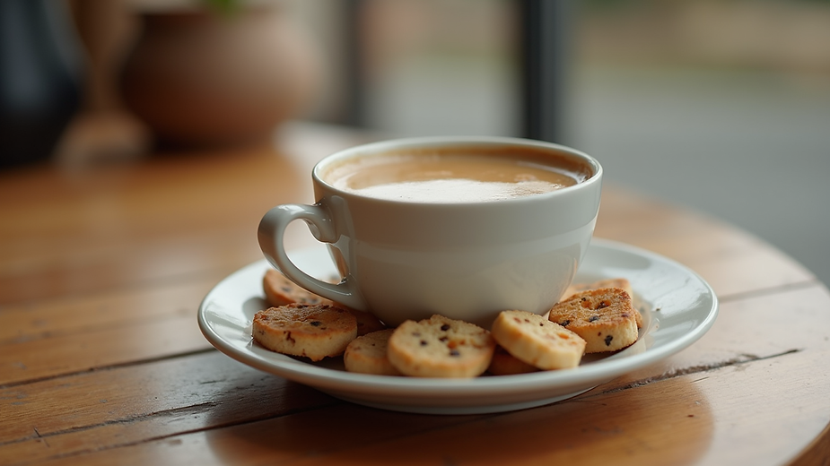 Eye-level view of a cup of coffee with a small plate of healthy snacks