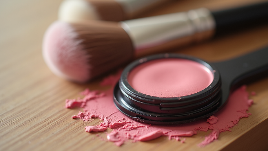 Close-up view of makeup brushes and cream blush on a wooden table