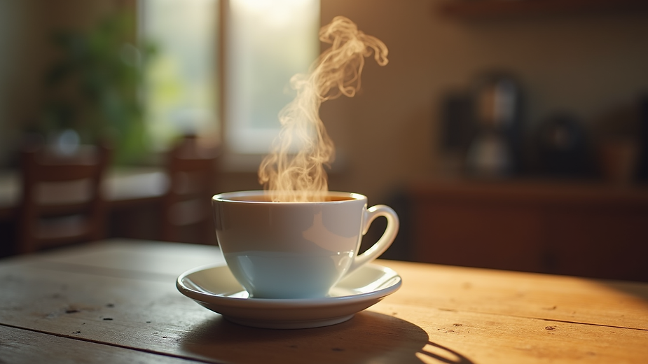 Close-up view of a steaming cup of coffee on a wooden table