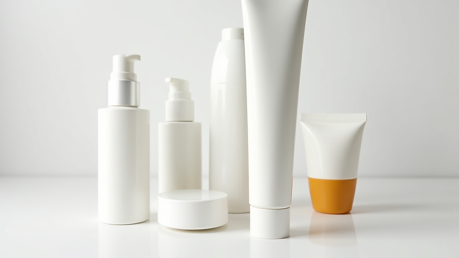 Eye-level view of a skincare set with cleanser, moisturiser, and sunscreen on a white surface
